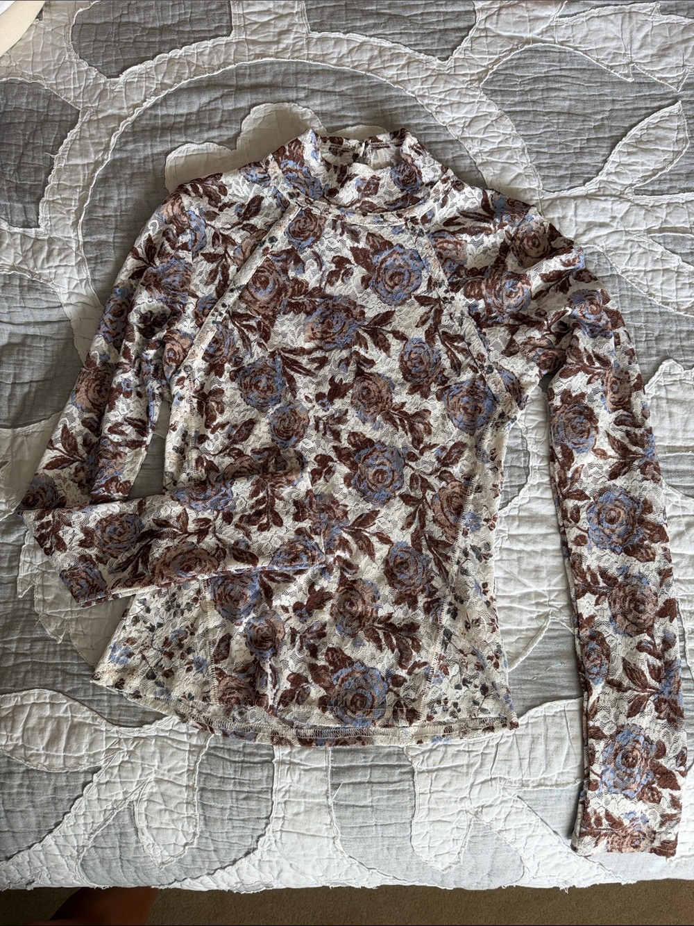 Free People Cream Floral Mock Neck Long-Sleeve Top with Brown & Blue Roses